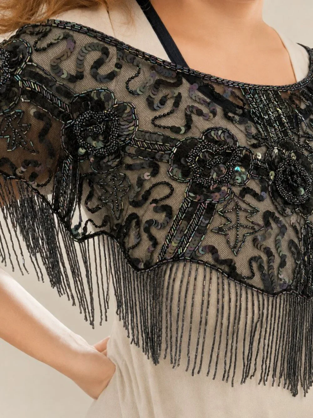 Vintage 80s iridescent Black Blue Beaded Sequin Fringe Capelet Shawl Holographic